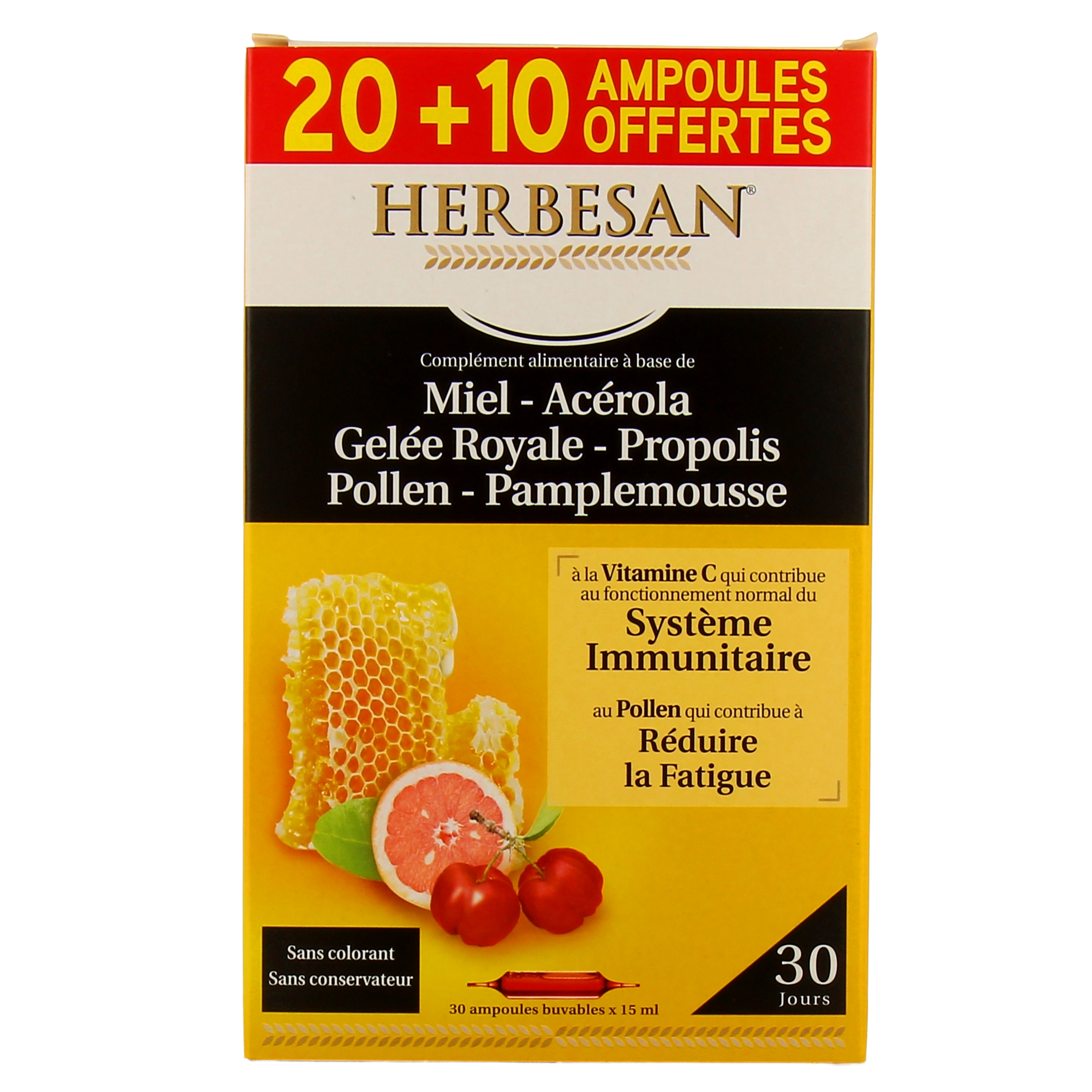 Herbesan Miel Gelée Royale Acérola Pollen Pamplemousse Propolis 20 Ampoules  + 10 Offertes