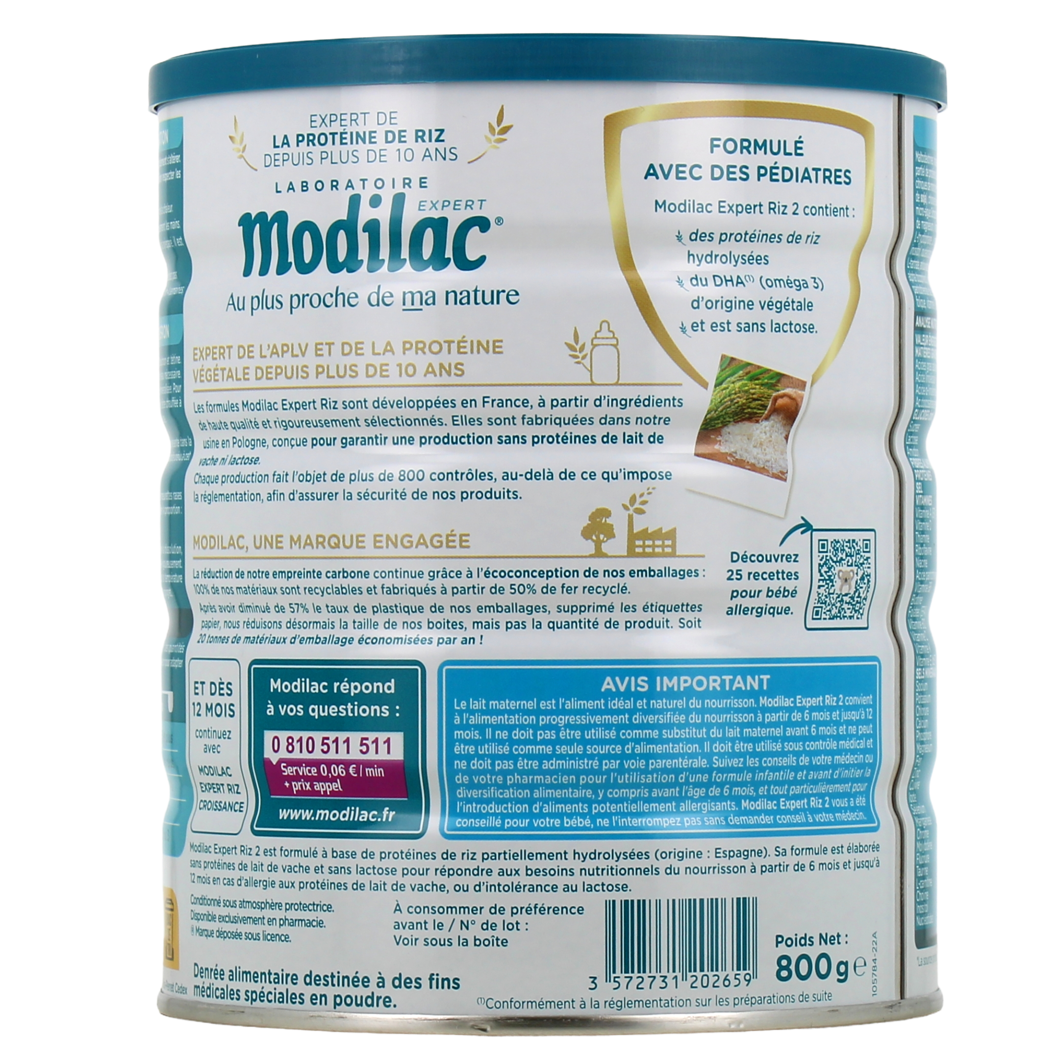 MODILAC - Expert 1 - Lait poudre - Riz - Allergies - 0-6 mois - 800g