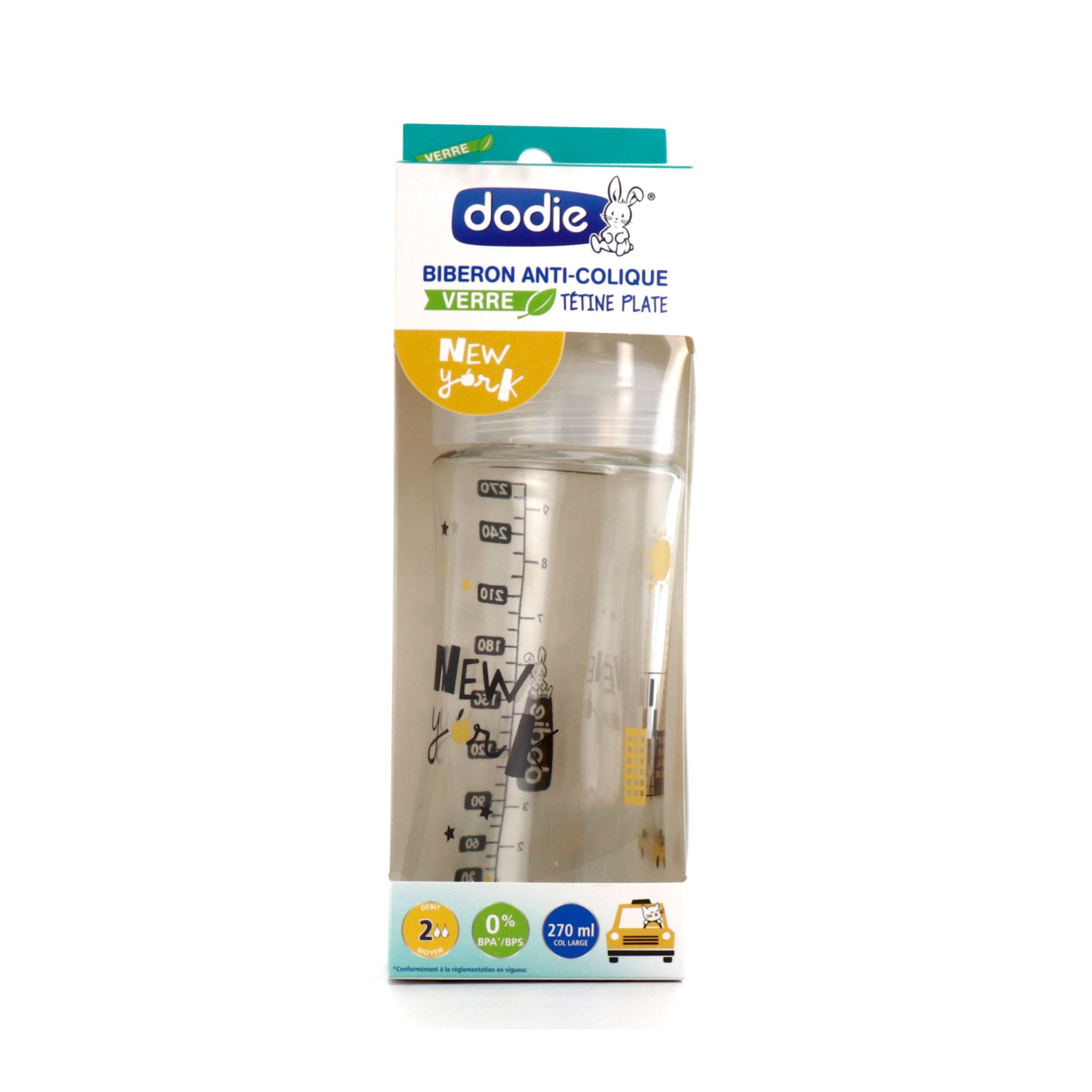 Dodie Sensation+ biberon verre 0-6 mois - Tétine plate anti colique