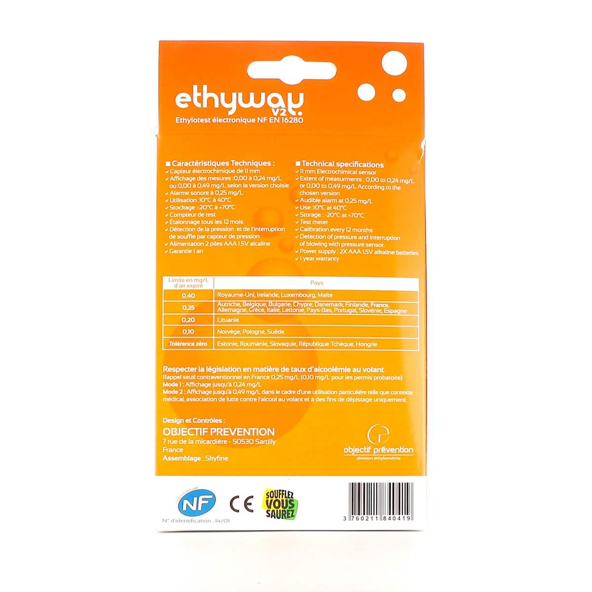 Éthylotest électronique ETHYWAY V2 NF EN 16280