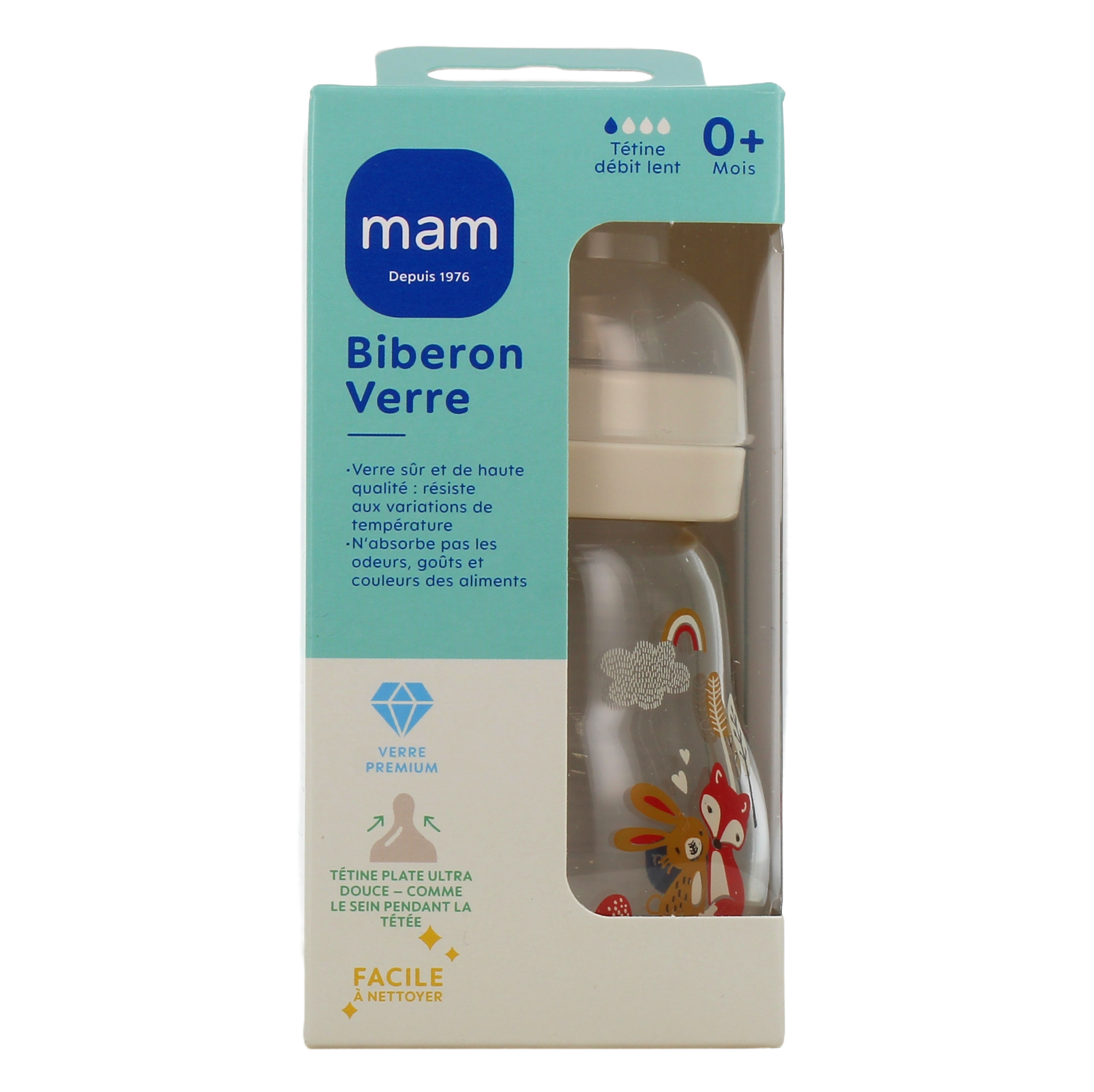 MAM Biberon Verre 260 ml Blanc - de 0 à 6 mois - Tétine Débit 2 pas cher