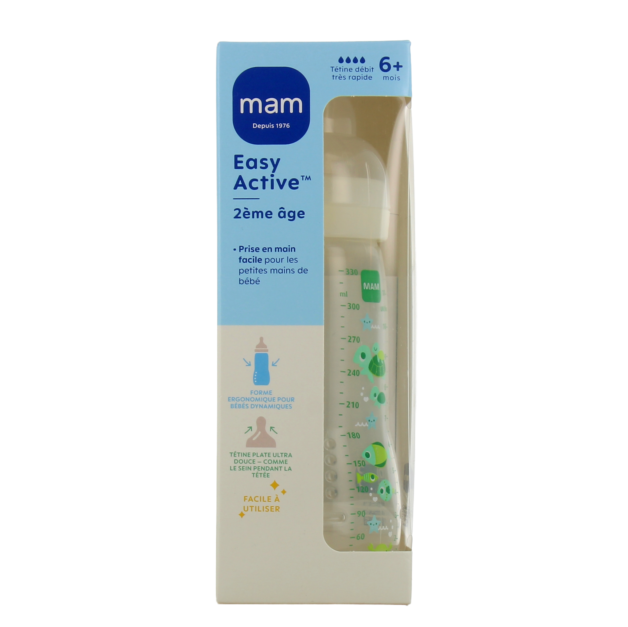MAM Easy Active Biberon ergonomique, Biberon 6 mois adapté aux petites  mains des bébés, avec tétine débit rapide, 6 mois plus de motifs, Vert, 330  ml