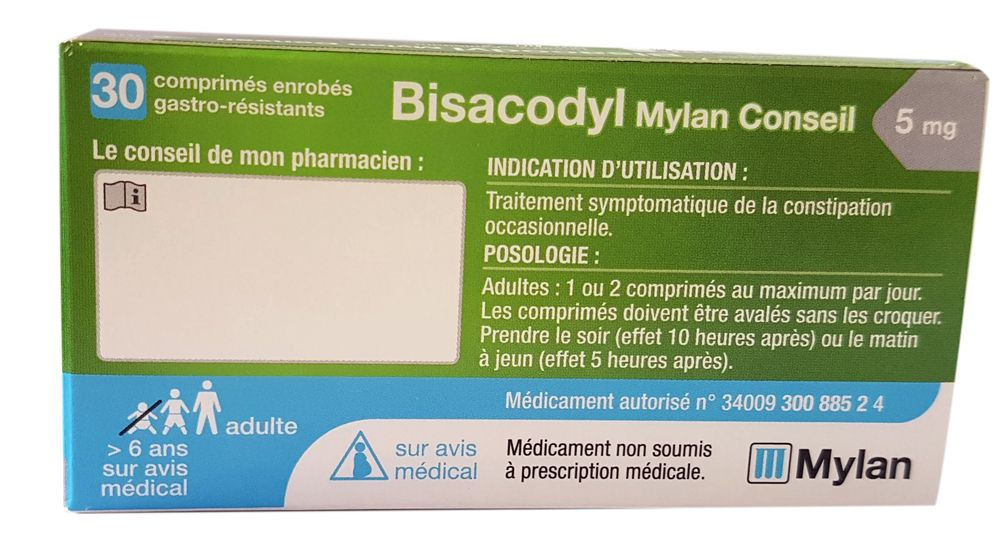 Bisacodyl 5 mg Conseil 30 comprimés - MYLAN | Pharmacie des drakkars