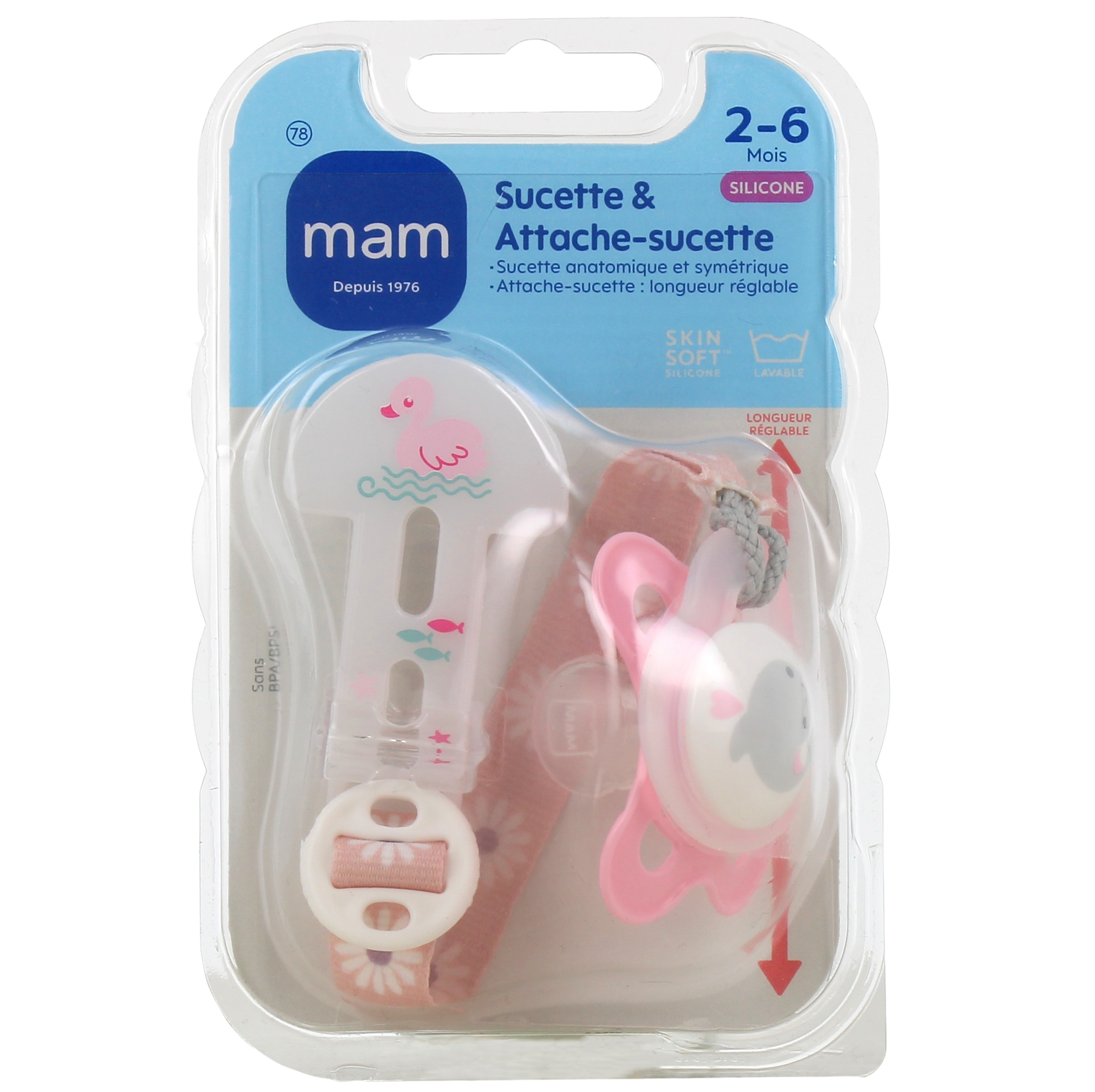 MAM Kit Sucette & Attache-sucette 2-6 mois – Sucette en silicone + attache-sucette  lavable de longueur réglable, compatible avec toutes les sucettes MAM –  Coloris aléatoire : : Bébé et Puériculture