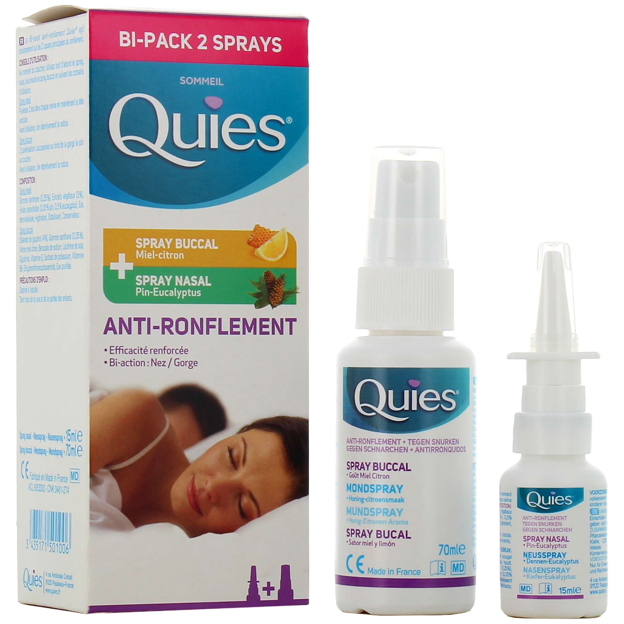 Quies Anti-Ronflement Bipack - Spray nasal 15 ml + Spray buccal 70 ml