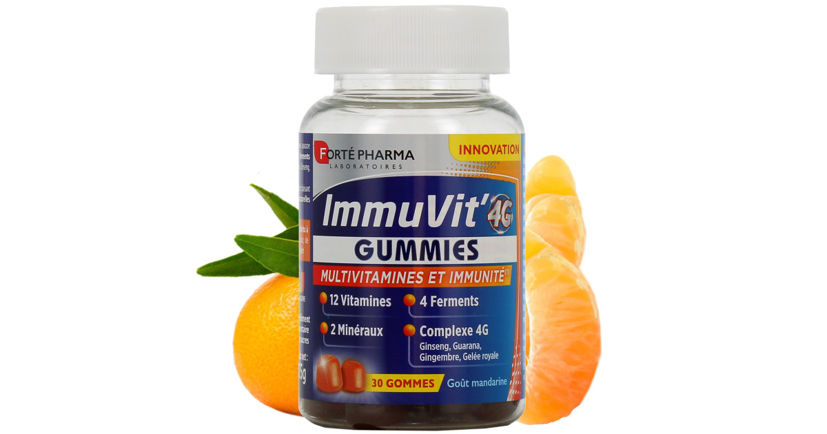ImmuVit' 4G goût mandarine Forté Pharma - pot de 30 gummies Forté pharma  3700221301579 : Pharmacie en ligne et parapharmacie en ligne Pharmashopi