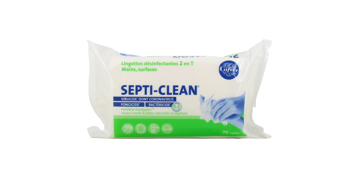Gifrer Septi-Clean 70 lingettes désinfectants 2en1 main