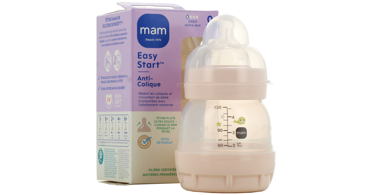MAM  Biberon Easy Start anti-colique 0+ mois (130 ml) Dune – Biberon avec  tétine en silicone débit 0 idéal pour l'allaitement mixte – Biberon pour  bébé avec base aérée anti-colique 