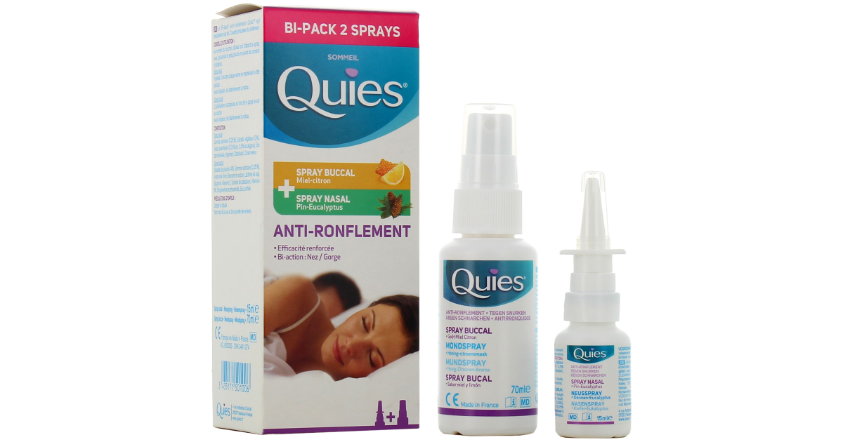 Le bi-pack Quies contient un spray buccal anti-ronflement et un