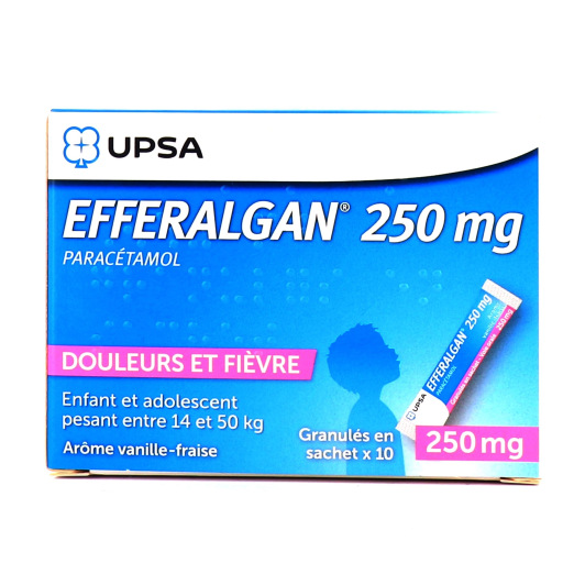 Efferalgan - Vanille-Fraise, granulés sans eau 250 mg - boite de 10 sachets