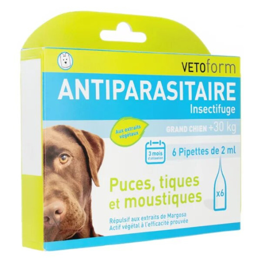 Pipettes Antiparasitaire Insectifuge Grand Chien +30 kg 6 pipettes