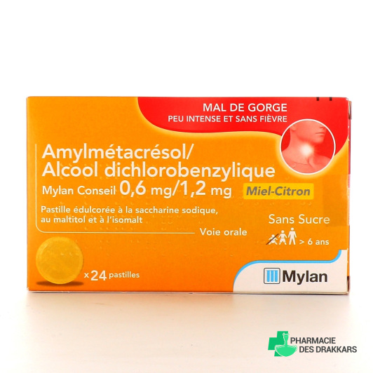 Amylmetacresol 0,6 mg/Alcool dichlorobenzylique 1,2 mg Mylan
